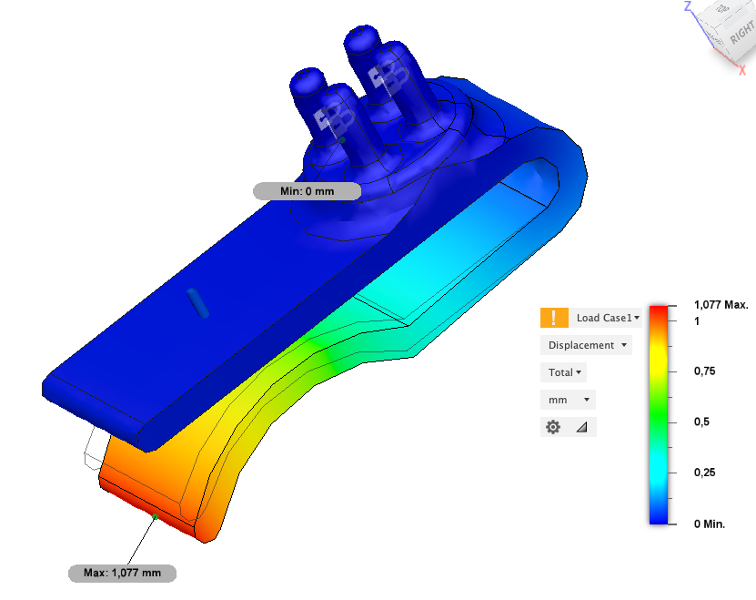 FEA results on the displacement of the facemask clip with 1N applied.